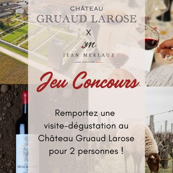 🍇 𝗝𝗘𝗨 𝗖𝗢𝗡𝗖𝗢𝗨𝗥𝗦 | L'équipe Jean Merlaut vous invite à découvrir le Vin des Rois, le Roi des Vins...👑🍷
C'est par sa taille autant que par sa renommée très ancienne que le Château Gruaud Larose, Second Grand Cru Classé de 1855 de Saint-Julien, occupe une place à part dans l'histoire des grands vins du Médoc.
✨ Tentez de remporter une visite-dégustation à la propriété et venez découvrir les secrets d'un terroir et un savoir-faire historique.

Comment participer ? ⬇️
1️⃣ Aimez cette publication
2️⃣ Suivez les comptes @jeanmerlaut et @gruaud_larose 
3️⃣ Identifiez en commentaire la personne avec qui vous aimeriez partager cette expérience

🎟️ À gagner : une visite-dégustation pour 2 personnes
📍 Où ? Château Gruaud Larose à Saint-Julien-Beychevelle (33)
📅 Quand ? Valable 1 an

Clôture du concours : 30 avril 2025, tirage au sort le lendemain (1er mai)

Bonne chance à tous !🍀

#jeuconcours #jeu #jeuinstagram #tentezvotrechance #bonnechance #concours #gruaudlarose #châteaugruaudlarose #jeanmerlaut #jeanmerlautmoment #jeanmerlautvins #jeanmerlautselection #saintjulien #terroir #bordeaux #grandcru